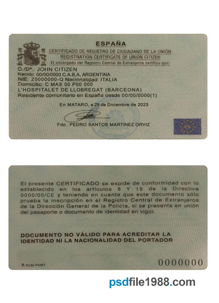 Spain Registration Certificate of Union Citizen
